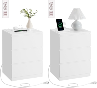 'Vasagle' Nachttisch mit 3 Schubladen (2er Set), 2 AC-Steckdosen / 2 USB-Anschlüsse, Holz wolkenweiß, 59 x 35 x 40 cm