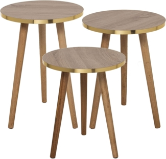 DRW Set mit 3 runden Beistelltischen aus Holz in Natur und Gold, 38x51 cm, 38x48 cm und 38x45 cm