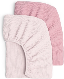 lulumoon 2er Set Kinder Spannbettlaken, Musselin-Baumwolle Spannbetttuch für Babybett und Kinderbett 60x120 cm / 70x140 cm Reisebett Spannlaken Beistellbett Leintücher (Rosa Nelke)