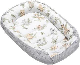 Medi Partners Babynest Kuschelnest Babynestchen 100% Baumwolle Waffle Nestchen Reisebett für Babys Säuglinge 100x60x15cm Sicherer Verschluss (‎Safari mit Grauer Waffel)