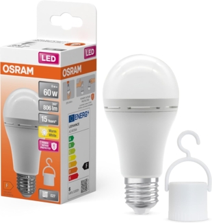 Osram LED Classic A 60 Camping Lampe/Notlicht mit integriertem wiederaufladbaren Akku (ex 60W) 8W Warmweiß E27