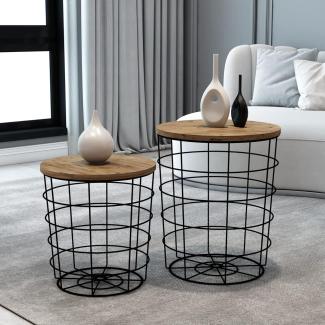 Beistelltisch-Set Hundested 2er Set Metallkorb Schwarz / Holzfarben [en. casa]