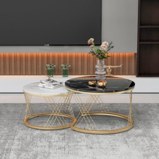 FurnitureR Moderne Nesting Couchtisch, Couchtisch Satz Marmor Furnier Sofa Seite Nest von Tischen Runde Endtische, Satz von 2, Goldene Farbe Frame