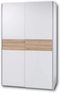 PULS Eleganter Kleiderschrank mit viel Stauraum - Vielseitiger Schwebetürenschrank in Weiß, Bauchbinde Eiche Sonoma - 125 x 195 x 58 cm (B/H/T)