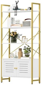 DWVO Bücherregal, Weiß & Gold, 5 Regalböden, Aufbewahrungsschrank mit Türen, modernes Bücherregal für Büro & Zuhause, kompaktes Ausstellungsregal, langlebiges Design