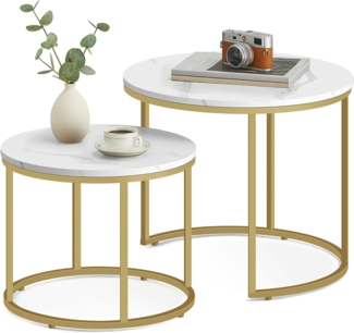 Home Collective Couchtisch 2er Set Beistelltisch Loft Design 2in1 Verschachtelung Wohnzimmer, kratzfeste Oberfläche 53cm & 43cm Marmor Optik, goldenen Beinen rund