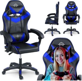 Sofotel Gaming Stuhl Ergonomisch - Bürostuhl - mit Armlehnen, Rückenkissen, Kopfstütze - bis 120 kg - Draknor Blau Schwarz