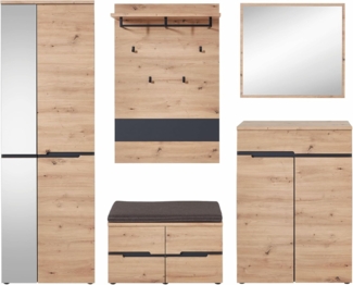 Garderobe Set MEMPHIS2 5-tlg Hochschrank Paneel Spiegel Kommode Bank Eiche braun