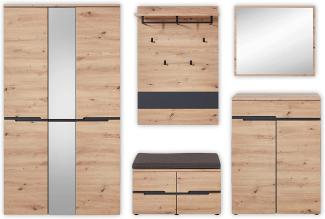 Garderobe Set MEMPHIS2 5-tlg Hochschrank Paneel Spiegel Kommode Bank Eiche braun