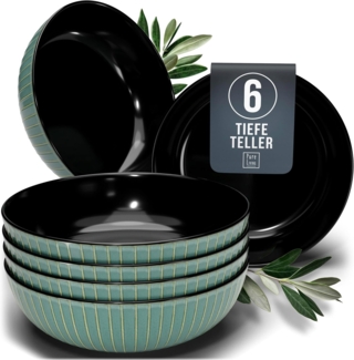 Suppenteller 6er Set - Premium Steingut, Kratzfest, Für Spülmaschine, Mikrowelle - Stylishes Tiefe Teller Set, Pasta Teller Tief Groß - Gerilltes Geschirr in Schwarz und Grün