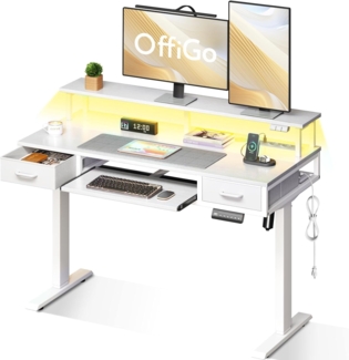 ODK Schreibtisch Elektrischer Schreibtisch mit Schubladen une Monitorständer, Tastaturablage une Steckdosen und LED Lichtleiste,120cm Weiß
