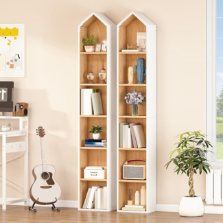 YITAHOME Hohe Schmale Bücherregal, l Haus Geformt Dünne Ecke 6-Tier Freistehende Bücherregal, Platzsparendes Design Display Lagerung für Haus & Büro, Weiß & Eiche, 30W × 23.5D × 181H cm 2PCS