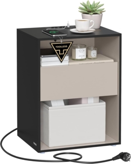 VASAGLE Superschnelle werkzeuglose Montage, Nachttisch, Beistelltisch mit Ladefunktion, Nachtschrank mit Schublade, Schlafzimmer, Toolless-Technologie, tintenschwarz-cappuccinobeige LETDE777B04