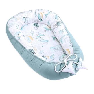 Babynest Kokon Neugeborene 90 x 50 cm - Handmade Kuschelnest Baby Nestchen aus Baumwolle Wassertiere Salbeifarbe