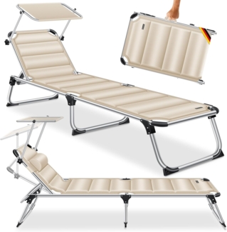 KESSER® Sonnenliege SUN mit Dach Gartenliege Liegestuhl klappbar Sonnendach Verstellbarer Rückenlehne , ergonomisch, gepolsterter Liegefläche, Aluminium Liege Gartenstuhl tragbar Strandliege Beige