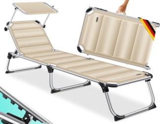 KESSER® Sonnenliege SUN mit Dach Gartenliege Liegestuhl klappbar Sonnendach Verstellbarer Rückenlehne , ergonomisch, gepolsterter Liegefläche, Aluminium Liege Gartenstuhl tragbar Strandliege Beige
