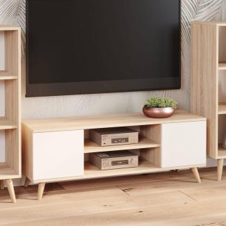 Dmora TV-Schrank mit 2 Türen und 1 Mittelregal, Sideboard mit Füßen, Wohnzimmerbuffet im skandinavischen Stil, 155x40h50 cm, Farbe Weiß und Eiche