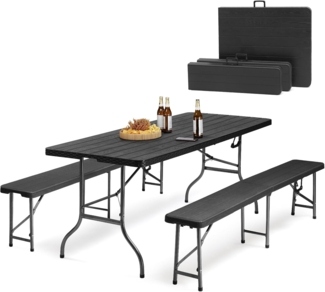 Sekey Bierzeltgarnitur Klappbar Campingtisch Set, 2 x Bierbänke & 1 x Biertisch, 180cm Biertischgarnitur 3-teilig Gartenmöbel Set Holzmaserung, Schwarz
