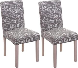 2er-Set Esszimmerstuhl Littau, Stuhl Küchenstuhl ~ Textil mit Schriftzug, grau, Beine Struktur - Eiche