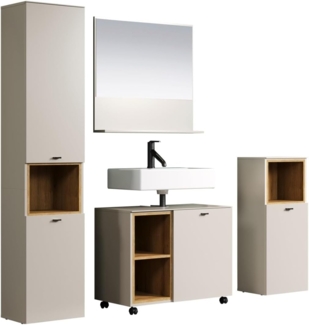 trendteam smart living - Sao Paulo - Badmöbel-Set - Kashmir (Beige)/Evoke Eiche - Hochschrank, Waschbeckenunterschrank Rollen, Wandspiegel, Badschrank - (BxHxT) 180 x 186 x 42 cm - Soft-Close-Funktion