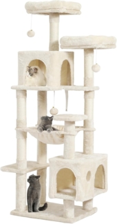 MSmask Kratzbaum groß, L Katzenbaum Stabil, Katzenkratzbaum mit 2 Plattformen, 2 Katzenhöhlen, Hängematte, Sisalsäulen, mehrstöckiger Kletterbaum für Katzen (Beige, 160 cm)