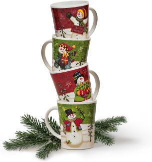 matches21 HOME & HOBBY Tasse Grosse Weihnachtstassen 4er Set Schneemänner amerikanisch, Keramik, Tee Kaffee-Becher, modern Vintage, rot grün bunt, 400 ml
