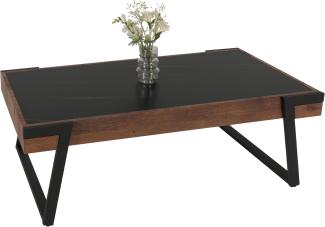 Couchtisch HWC-L89, Sofatisch Wohnzimmertisch, Eisen 43x120x64cm Sinterstein Marmor-Optik schwarz Holz dunkelbraun