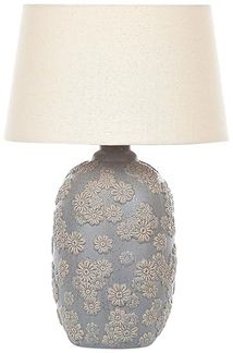 'Ferrey' Tischlampe Grau und Beige Keramik Blumenmuster 46 cm Stoffschirm Kegelform langes Kabel mit Schalter handgefertigt Schlaf- u. Wohnzimmer