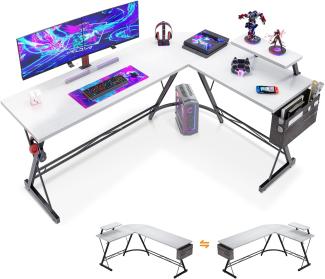 ODK Gaming Tisch, Computertisch, Gaming Schreibtisch mit runder Ecke, Gaming-Tisch mit Monitorablage (Weiß, 167x120 cm)