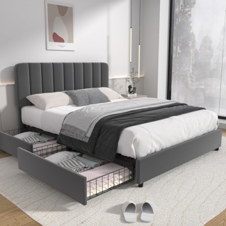 VECELO Polsterbett 140x200 cm Doppelbett mit Höhenverstellbarem Kopfteil, Stabiler Bettrahmen mit Lattenrost, Gepolstertes Bettgestell, Kein Boxspring erforderlich, Samt, Ohne Matratze