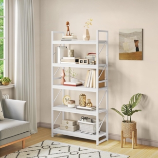 YITAHOME Bücherregal mit 5 Ebenen, Großes Standregal, Holzregal und Metallrahmen, Industrieregal, Bodenstehendes Lagerregal, für Wohnzimmer, Home Office, Weiß Regal