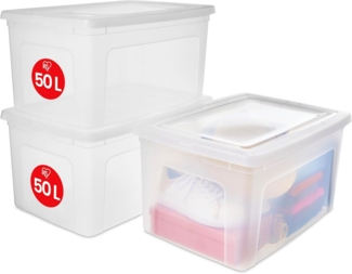 Iris Ohyama Vielseitige Aufbewahrungsboxen, 50L, 3er-Set, Transparent, Deckel leicht schließbar, Stapelbar, Plastik, Für Schrank, Regale, Klassenzimmer, Organisation, Kunstbedarf, Schuhe, MCB-50