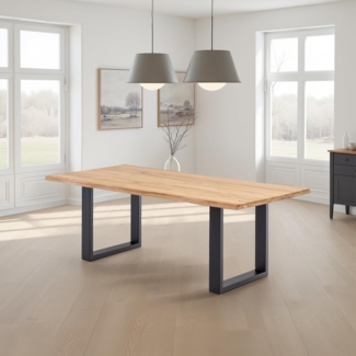 Massivholztisch Brian in Wildeiche, massiver Esstisch mit Baumkante, rustikaler Esszimmertisch mit schwarzen Stahlkufen, Größe:220x100