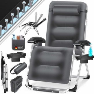 KESSER® Sonnenliege Liegestuhl, klappbare Gartenliege extra breit & Wetterfest, Belastbar 200kg, Ergonomisches Polster verstellbare Rückenlehne inkl. Nackenkissen Getränkehalter & Armpolster Anthrazit
