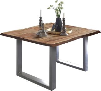 SAM Baumkantentisch 80x80 cm Mephisto, Akazienholz massiv + naturfarben lackiert, Esstisch mit Silber lackiertem U-Gestell, Esszimmertisch/Holztisch im Industrial-Design, Tischplatte 26 mm