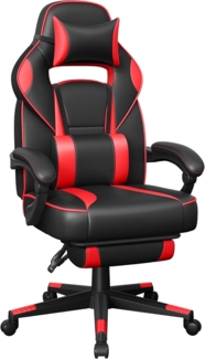 Songmics Bürostuhl, ausziehbare Fußstütze, Kopfkissen, Lendenkissen, höhenverstellbar, ergonomisch, neigbare Rückenlehne, bis 150 kg belastbar, schwarz-rot