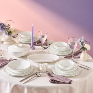 Karaca Geschirr-Set Karaca Fine Bone Meridian Platin 55-teiliges Geschirrset 12 Personen, 12 Personen, Porzellan