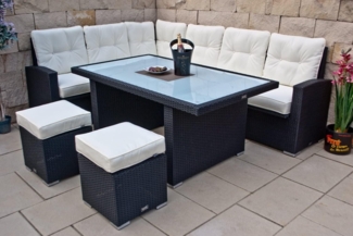 Ragnarök Möbel-Design Garten-Essgruppe Dining Lounge Wieland L, (Ecksofa + Tisch + Hocker, Polyrattan, inkl. aller Polster), Sitzpolster ca. 16 cm dick, 2 Härtegrade