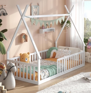 Alavya Home® Hausbett Bodenbett SKY aus Buche – FSC® 100% zertifiziert (Exklusives Beech Wood Bett – Top-Preis!, Hausbett 90x200 cm mit Rausfallschutz & Lattenrost Kinderbett 90x200), bodentiefes Jugendbett weiß massiv BUCHE für Junge Mädchen