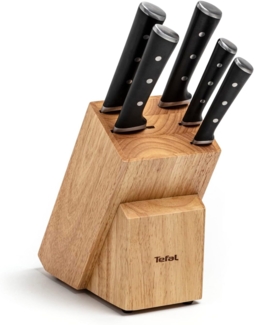 Tefal K232S5 Ice Force Messerblock aus Holz | 5 Messer | Brotmesser 20 cm | Chefmesser 20 cm | Santokumesser 18 cm | Gemüsemesser 11 cm | Tranchiermesser 9 cm | Braun/Schwarz/Edelstahl