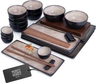 Moritz & Moritz VIDA 29-tlg. Sushi Geschirr Set für 4 Personen - Servierset mit 3x -Platte - 4x -Teller, Miso-Schale, Schälchen und Stäbchen