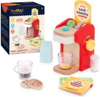 Battat Education Kaffeemaschine Kinder aus Holz für Kinderküche und Spielküche Zubehör – Pads, Milch, Zucker, Kaffeetassen, Kekse – Spielzeug Küchenzubehör, Spielgeschirr, Holzspielzeug ab 2 Jahren