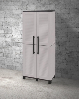 Dmora - Verviers Outdoor-Garderobe, Mehrzweck-Balkonschrank mit 2 Türen, 100% Made in Italy, 68 x 37 x 169 cm, Hellgrau und Schwarz, gestreifte Oberfläche