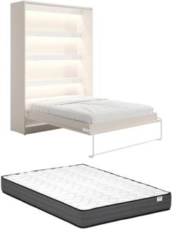 Vente-unique - Schrankbett + Matratze - 140 x 200 cm - Manuelle vertikale Öffnung - Mit LED-Beleuchtung - Beige - RAPILI