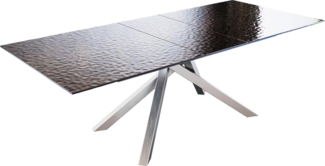 Esstisch Edge 180-220x100 Reliefglas Rauchschwarz 3D-Design Kreuzgestell Rechteck Edelstahl ausziehbar