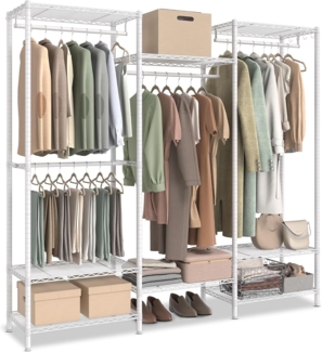 SONGMICS Kleiderständer, offener Kleiderschrank, Garderobe aus Metall, Garderobenständer mit verstellbaren Ablagen und Kleiderstangen, Haken, hochbelastbar, trennbar, wolkenweiß LGRDE431W01