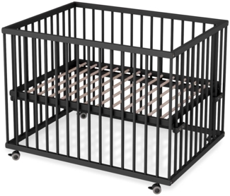 Sämann Laufstall Baby mit Lattenrost | stufenlos höhenverstellbar | Laufgitter Premium | Babybett aus Holz | Krabbelgitter (schwarz, 75x100 cm)