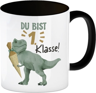 speecheese Tasse Dino mit Schultüte Kaffeebecher in schwarz Spruch Du bist 1. Klasse!