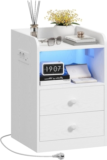 IRONCK Nachttisch mit Steckdose und LED, Beistelltisch mit 1 USB & 1 Typ-C Anschlusse, Nachtschrank 2 Schubladen&offene Fächer, Sofatisch für Wohnzimmer, Schlafzimmer, Arbeitszimmer, Weiß