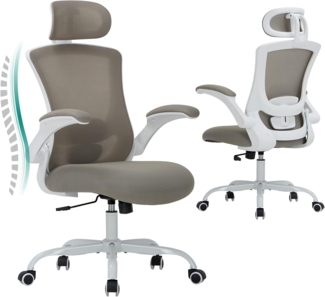 COLAMY Bürostuhl Ergonomisch, Netz-Schreibtischstuhl mit Verstellbarer Kopfstütze, Chefsessel Office Chair mit Lendenwirbelstütze, Verstellbarer Neigungsverschluss Drehstuhl, Khaki
